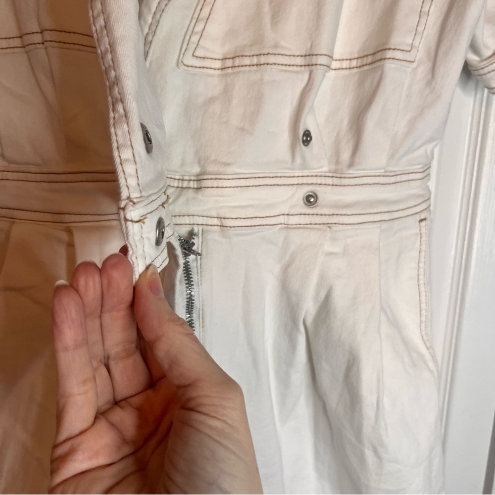 Day + Moon Cream Denim Romper Sz L Snap Button Zip Contrast Stitching Collared - Picture 3 of 11